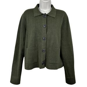J. Crew Polo Cardigan Sweater Cotton Button Front Collared Olive Womens L Office
